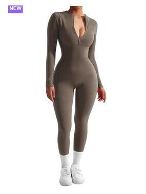 Ribbed Long Sleeve Zip Front Bodycon Jumpsuit Workout Romper